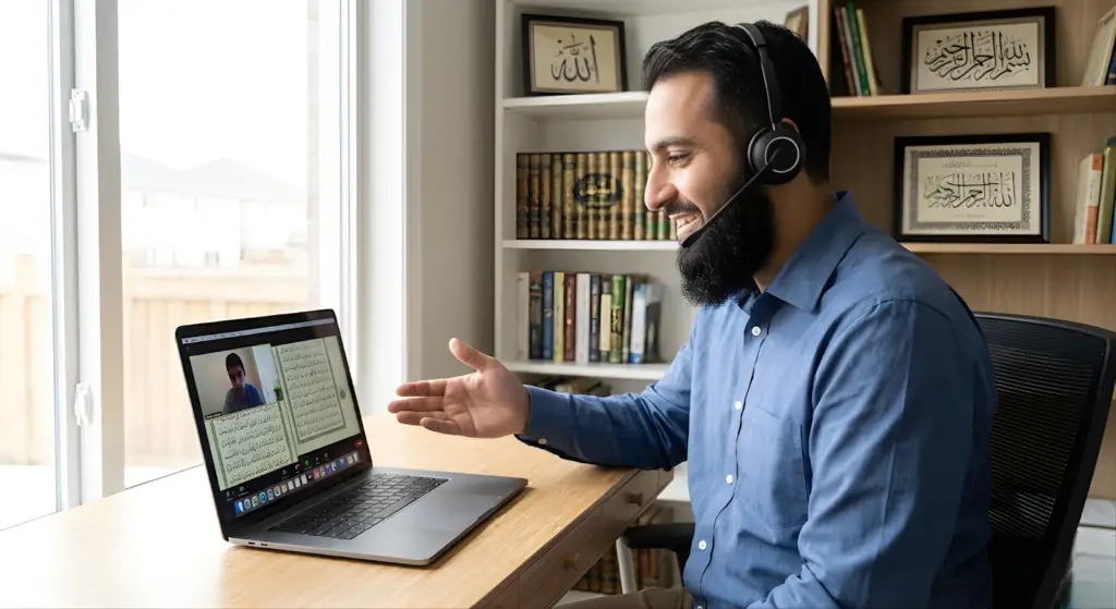 Professional male Quran tutor in blue shirt wearing headphones teaching online with digital whiteboard on laptop at home office with Quran and Islamic books