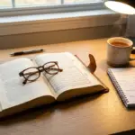 Student taking notes while studying Islamic texts with concentration and focus