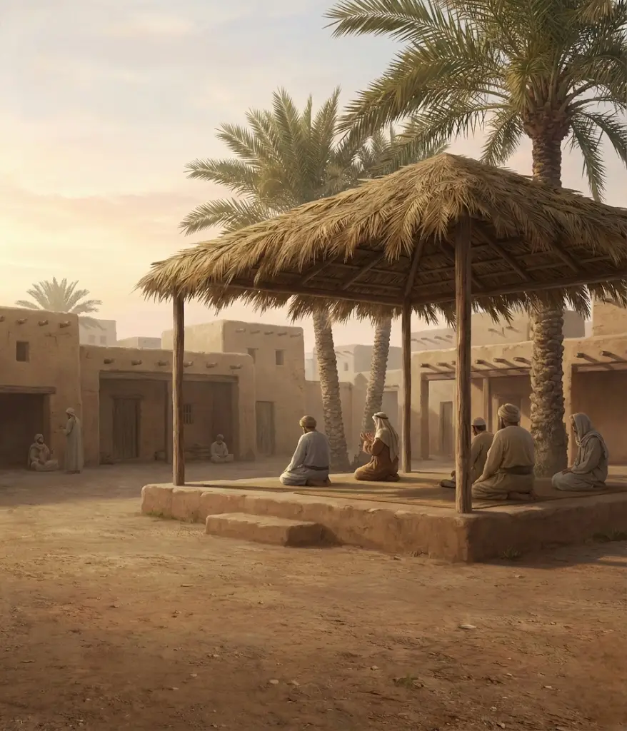Historical depiction of Ashab al-Suffah platform in Masjid al-Nabawi with students learning Islamic teachings under shaded structure during Prophet Muhammad's era
