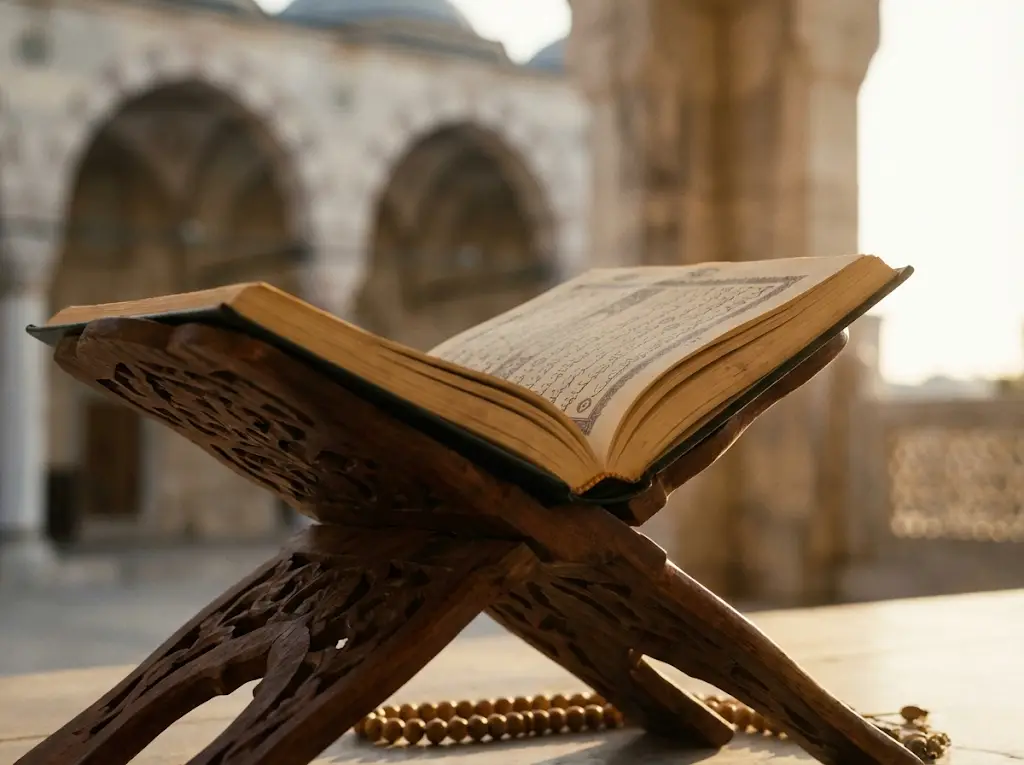 Quran book on wooden stand showing text with Tajweed pronunciation marks
