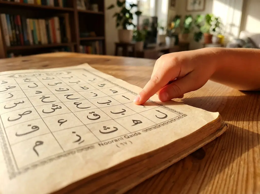 Student practicing Madani Qaida for beginners - Arabic alphabet learning online