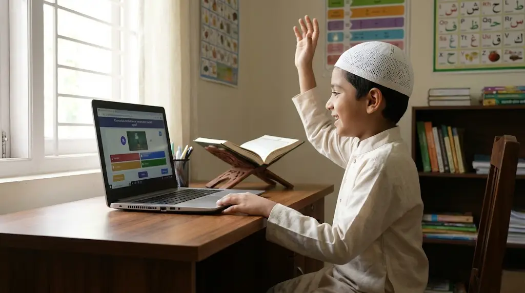 Young Muslim student attending online Quran class from home at Suffah Quran Academy