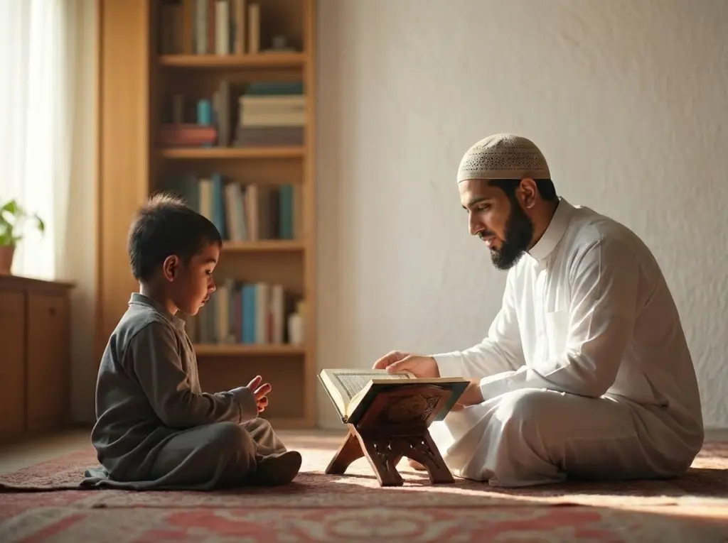 Expert Quran teacher teaching young student one-on-one with Quran