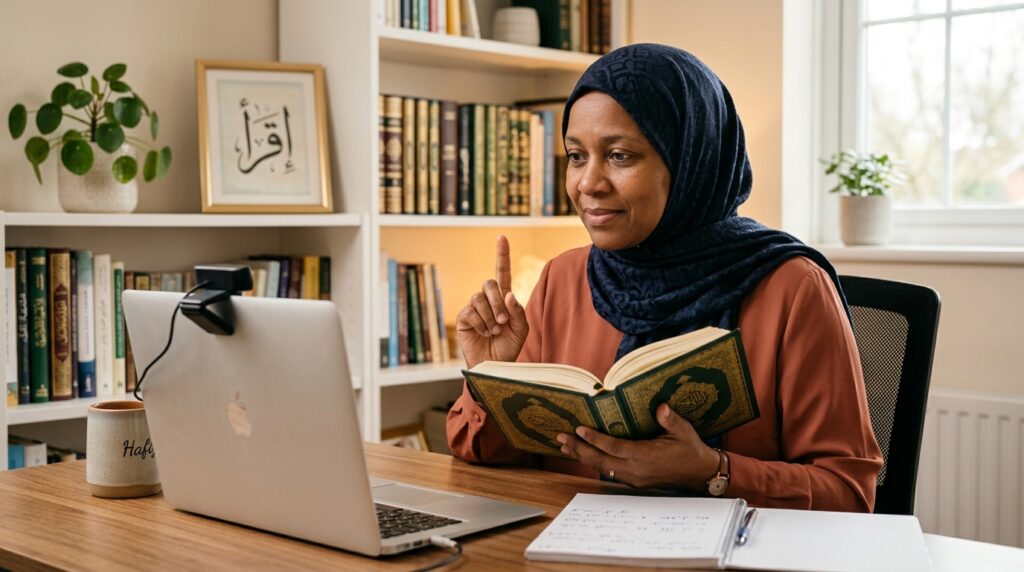An Ijazah-certified Quran teacher listening carefully to a student recite online, preparing to correct a Tajweed mistake