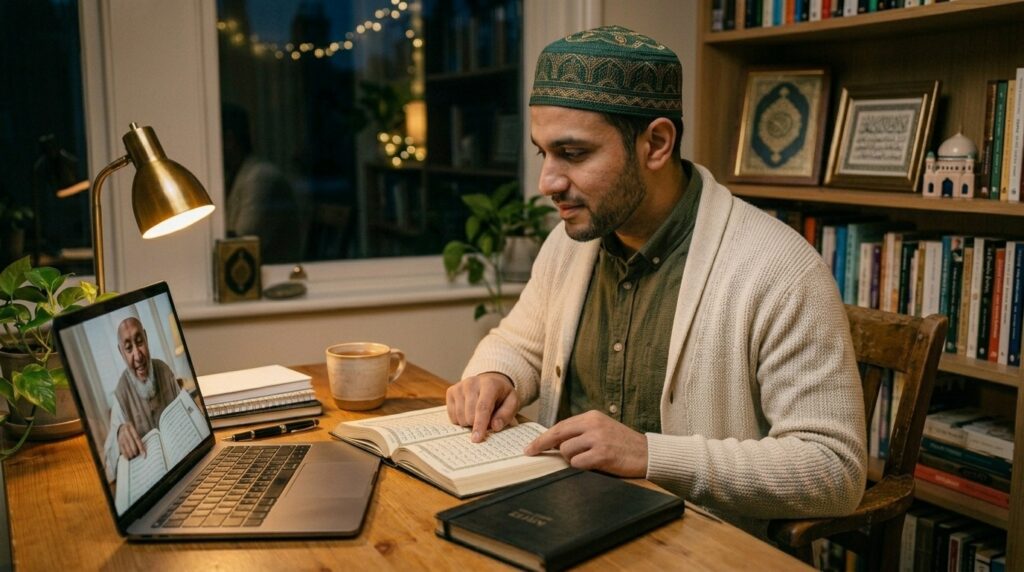 A Muslim adult learner in a one-on-one online Quran class with a teacher visible on laptop screen