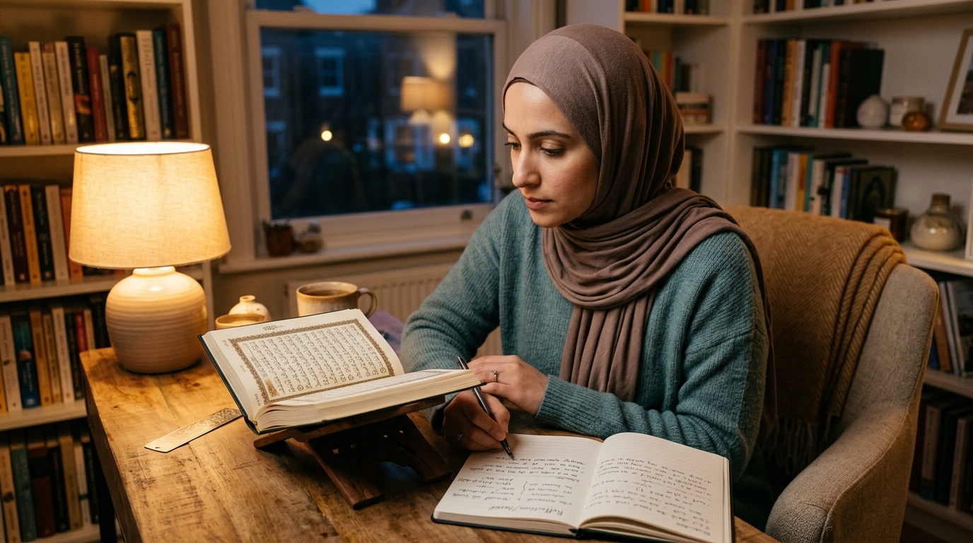 A Muslim woman in hijab studying Quran at her desk, with an open Quran and notebook, focused and engaged