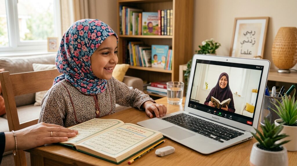 A young Muslim child smiling during their first online Quran class on a laptop at home