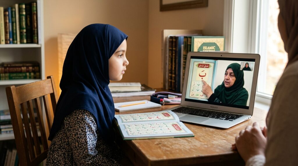 A Muslim child in a focused one-on-one online Quran class with teacher on laptop screen