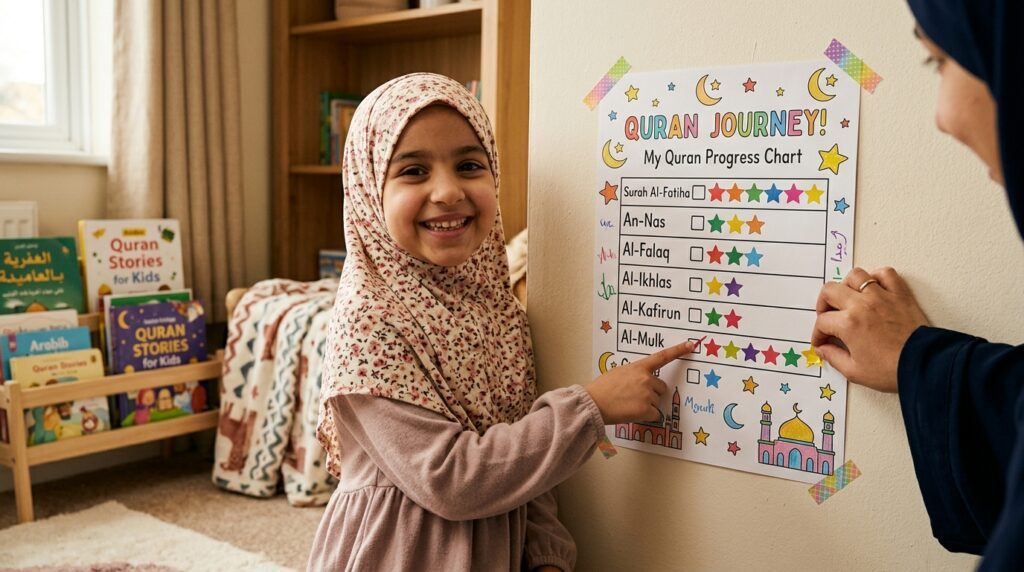 A Muslim child proudly pointing at a Quran progress chart on the wall with completed sections marked with star stickers