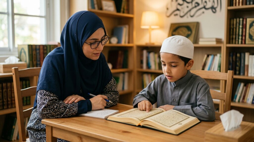 A Quran teacher listening carefully as a child reads aloud from an open Quran, assessing their reading fluency and Tajweed