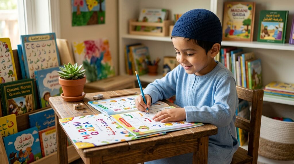 A young Muslim child sitting focused at a desk, ready to learn Quran from a Madani Qaida book
