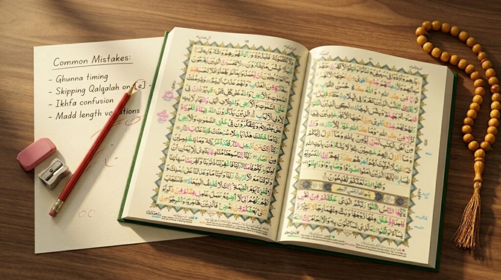 An open Tajweed Quran beside handwritten correction notes and a red pencil on a wooden desk