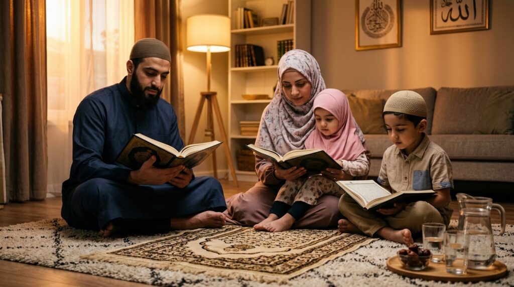 A Muslim family sitting together after iftar during Ramadan, each reading from their own Quran in warm evening light