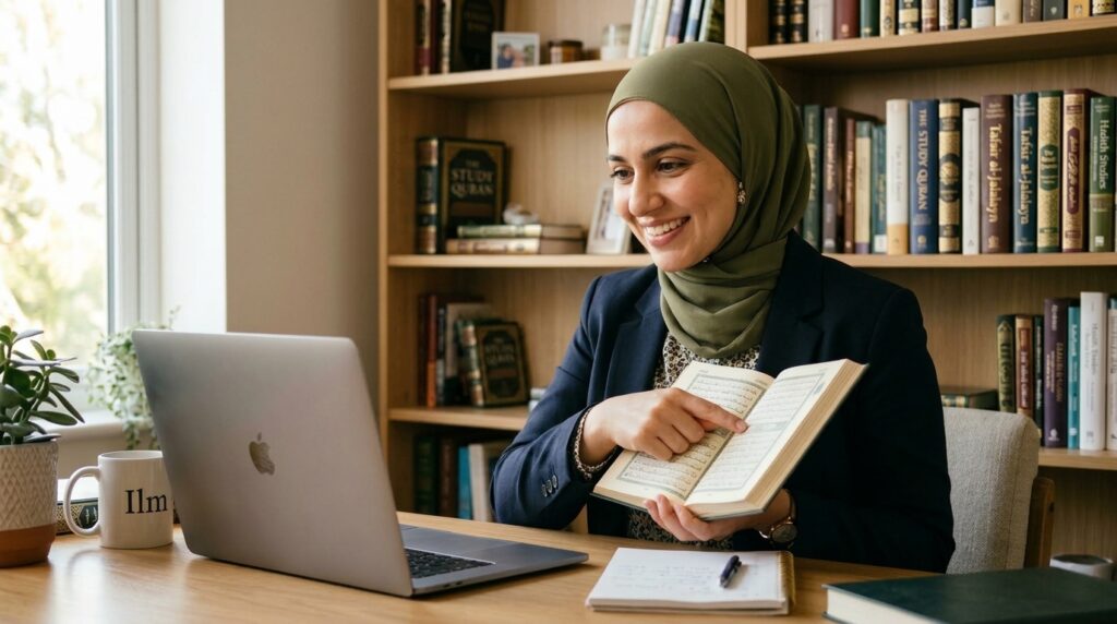A Muslim woman in hijab teaching Quran online via video call, holding an open Quran and pointing at a verse with a warm expression