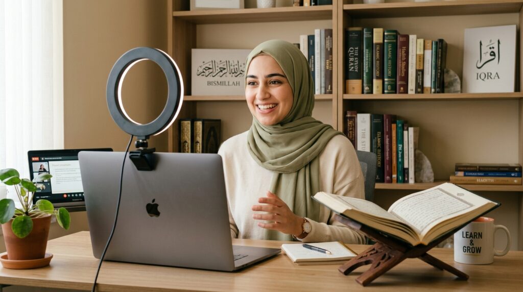 A Muslim woman in hijab teaching Quran online to a young girl via video call