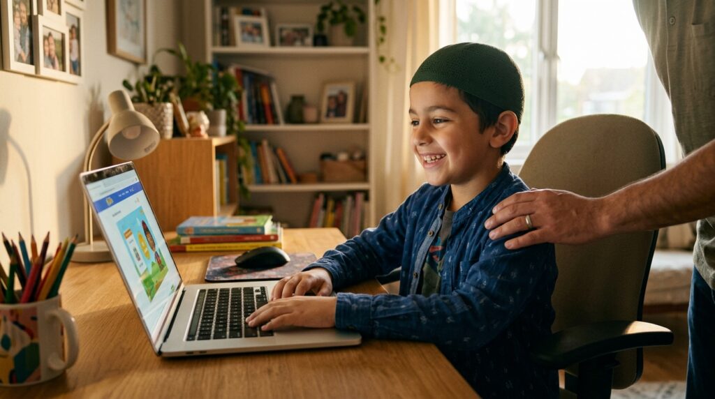 A smiling Muslim child sitting in front of a laptop, ready to start a free online Quran class