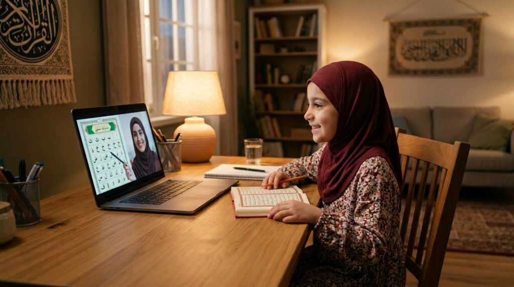 A young Muslim girl learning Quran online from a female teacher visible on a laptop screen, both engaged and comfortable