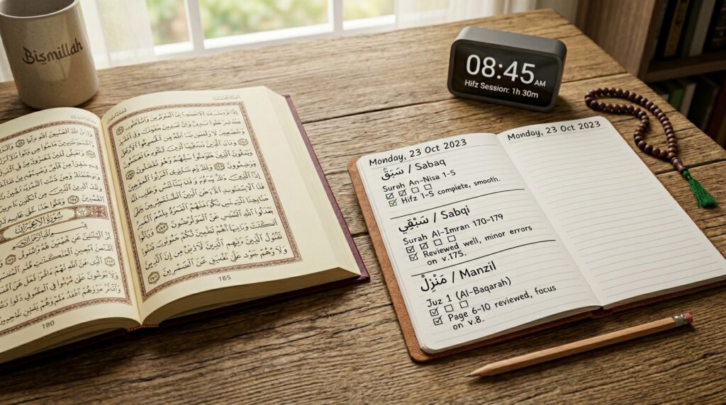 An open Quran and Hifz study journal on a desk showing the Sabaq, Sabqi, and Manzil daily structure
