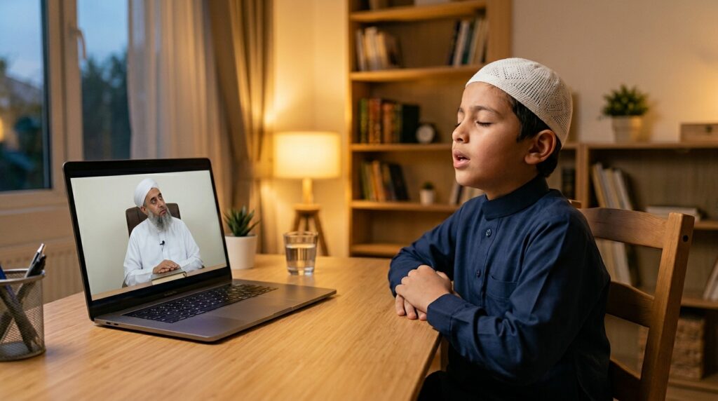 A Muslim child reciting Quran from memory in an online Hifz class while the teacher follows along on screen