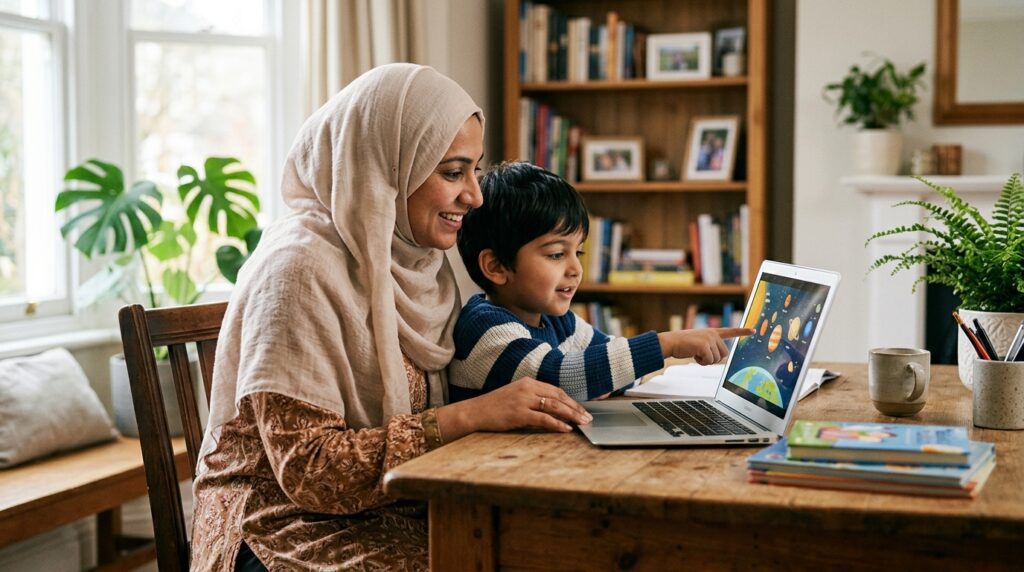 A Muslim mother and young child sitting together at a desk in front of a laptop, learning Quran online