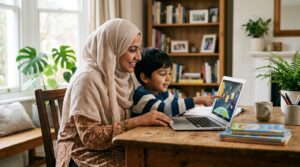 A Muslim mother and young child sitting together at a desk in front of a laptop, learning Quran online