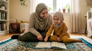 A Muslim mother and young child sitting together on a prayer rug, joyfully learning Quran from an open Qaida book
