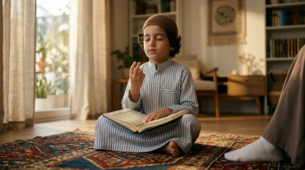 A Muslim child sitting on a prayer rug, eyes closed, memorizing Quran from memory with an open Mushaf in their lap
