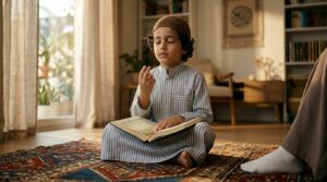A Muslim child sitting on a prayer rug, eyes closed, memorizing Quran from memory with an open Mushaf in their lap