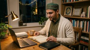 A Muslim adult sitting at a home desk with an open Quran, beginning their Quran learning journey