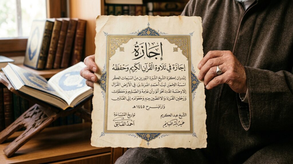 An Ijazah certificate showing a Quran teacher's certification and chain of transmission