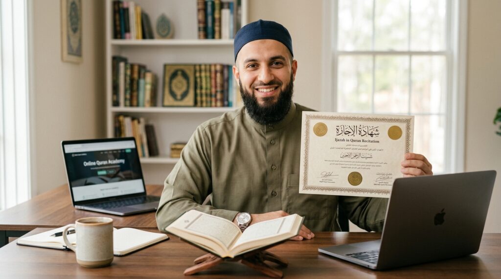 An Ijazah-certified Quran teacher holding their Arabic Ijazah certificate, demonstrating transparency about credentials