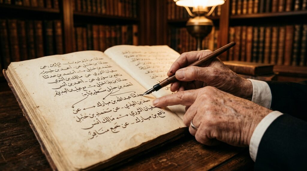 up of an Arabic Sanad chain of transmission in a scholarly manuscript, with a scholar's hand pointing at the names