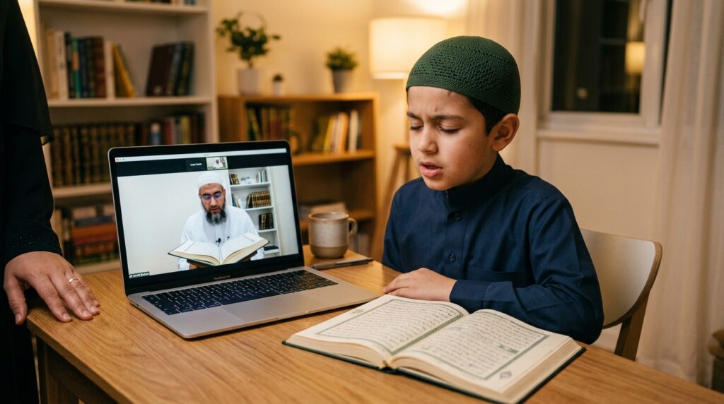 A Muslim child reciting Quran from memory in an online Hifz class with teacher visible on laptop screen