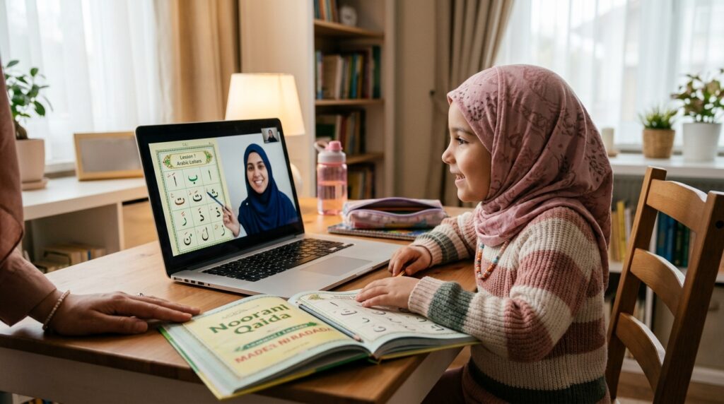 A young Muslim child attending an online Madani Qaida class with a teacher visible on laptop screen