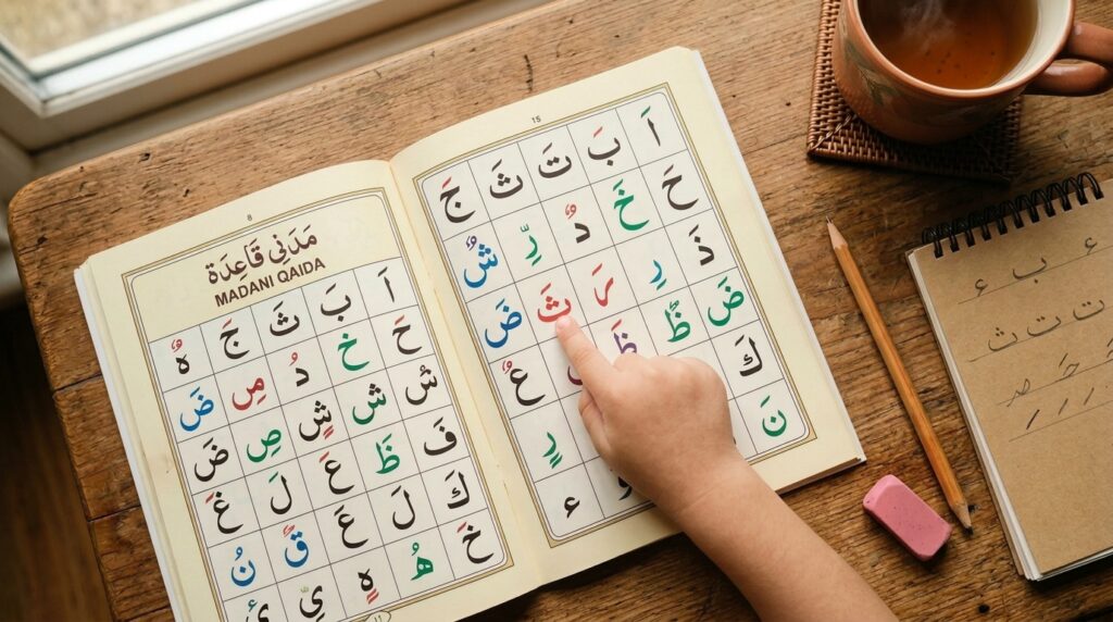 Open Madani Qaida book showing Arabic letters with colorful vowel marks, with a child's hand pointing at the page