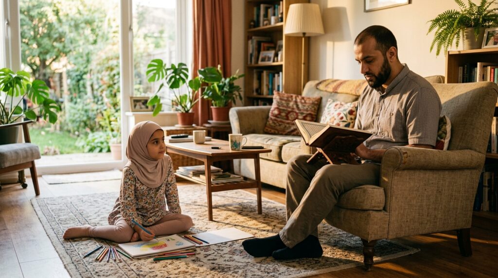 A Muslim parent reciting Quran quietly at home while a young child plays nearby in a warm, natural family setting