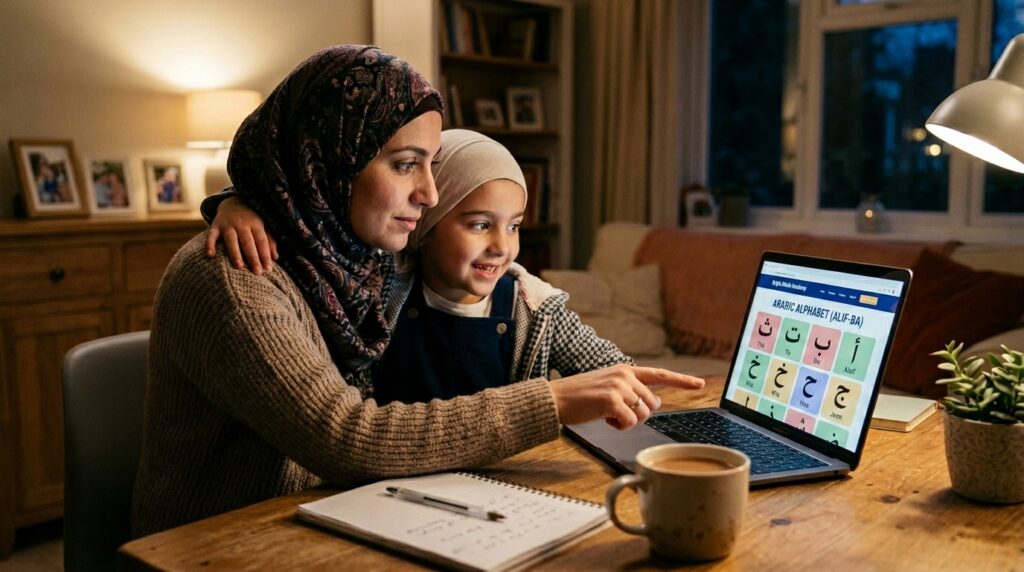 A Muslim mother and child looking at a laptop together while choosing an online Quran class