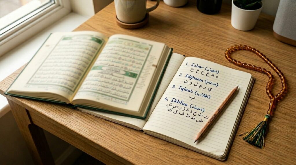 An open Tajweed Quran with Sukoon marks beside handwritten Tajweed notes listing the four Noon Sakinah rules on a wooden desk