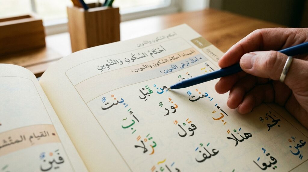 A hand pointing at Arabic letters with Tajweed marks in a Tajweed textbook showing Noon Sakinah rules
