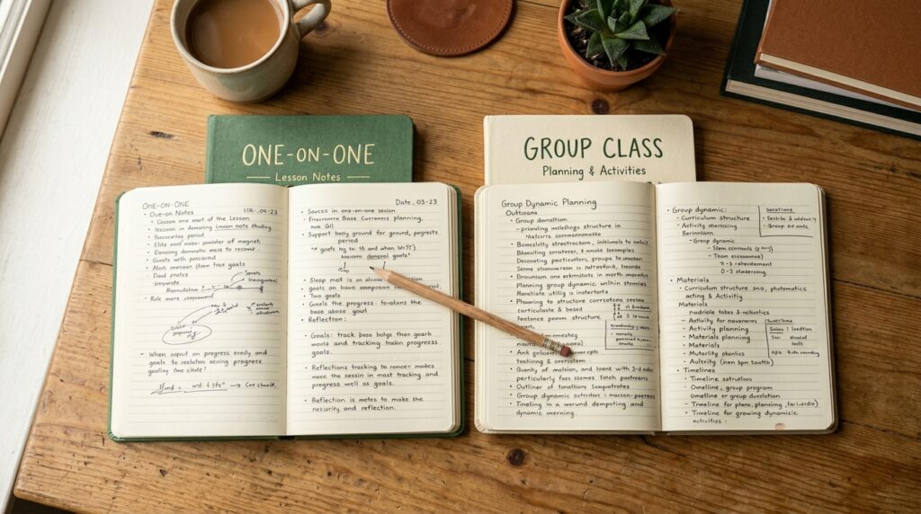 Two notebooks representing one-on-one and group Quran class comparison on a wooden desk