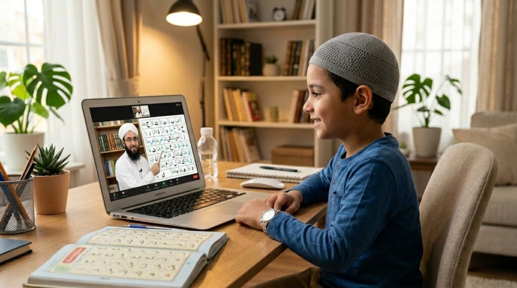 A young child attending a one-on-one online Quran class with a teacher visible on a laptop or tablet screen
