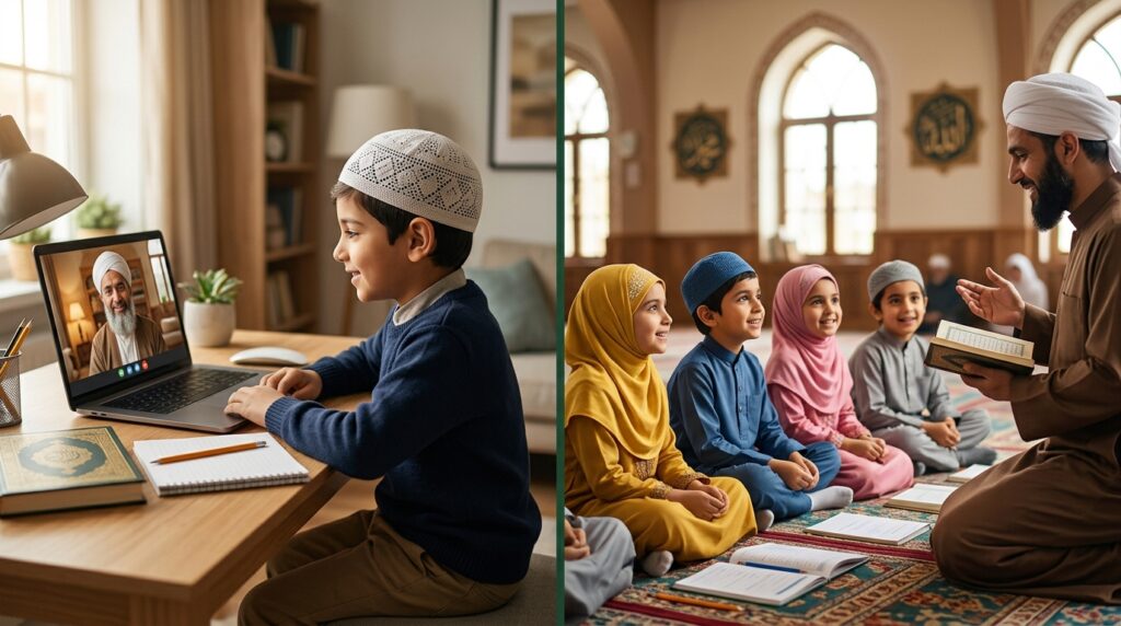 Split image showing a child in one-on-one online Quran class on left and children in group Quran class on right