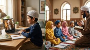 Split image showing a child in one-on-one online Quran class on left and children in group Quran class on right