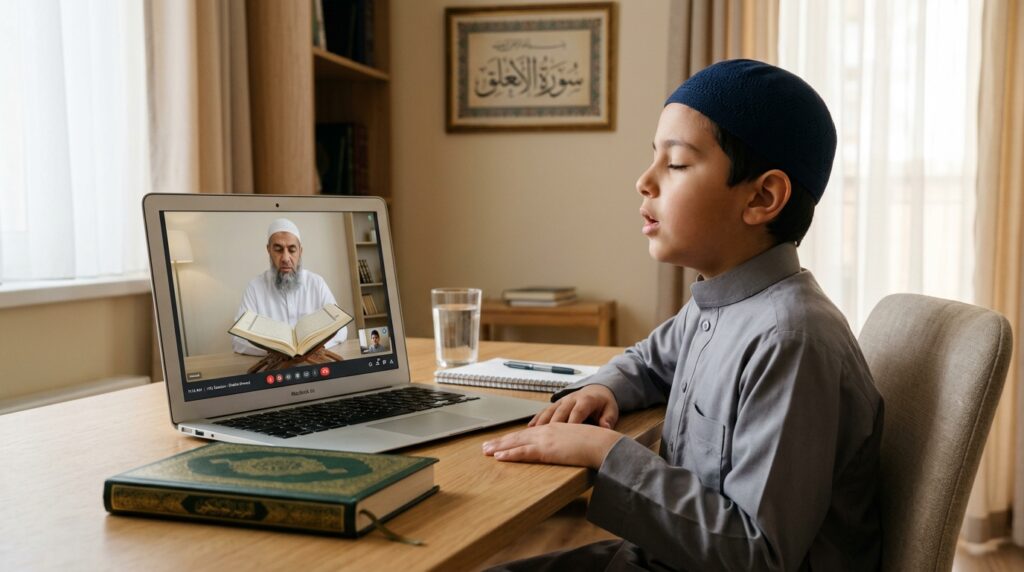 A Muslim child reciting Quran from memory during an online Hifz class with a teacher listening via video call