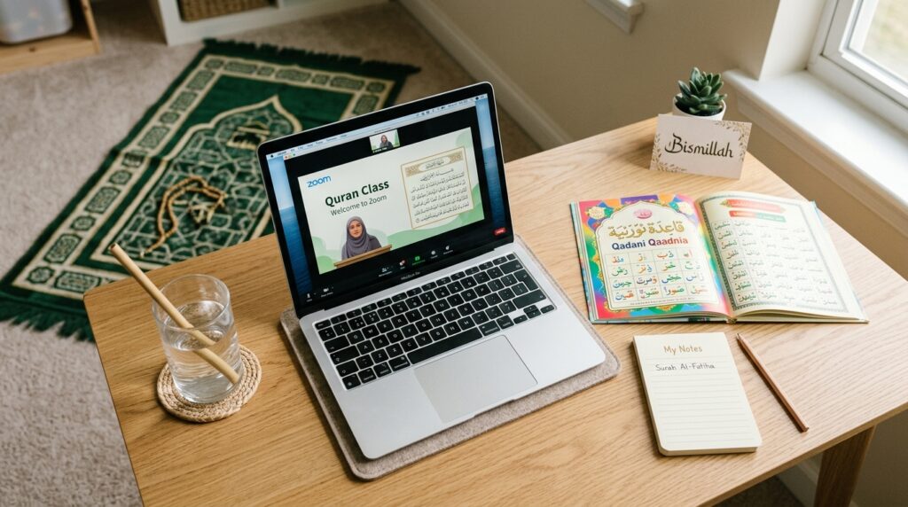 A clean child's desk prepared for an online Quran class with a laptop, open Madani Qaida book, and notebook
