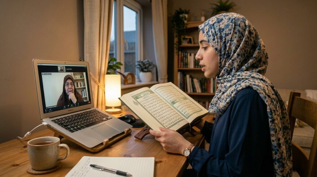 A Muslim student learning Tajweed online via video call with a qualified Quran teacher