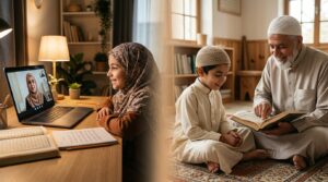 A split image showing a child in an online Quran class on the left and a child with a local Quran teacher on the right