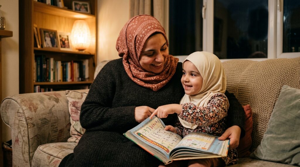 A Muslim mother and child sitting together after a Quran class, with the child pointing at their Qaida book to show what they learned
