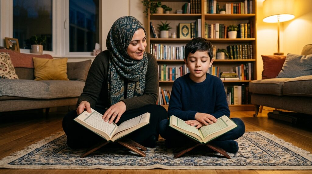 A Muslim mother sitting beside her child on a prayer rug, following along in a Quran while the child recites from memory during daily Hifz revision