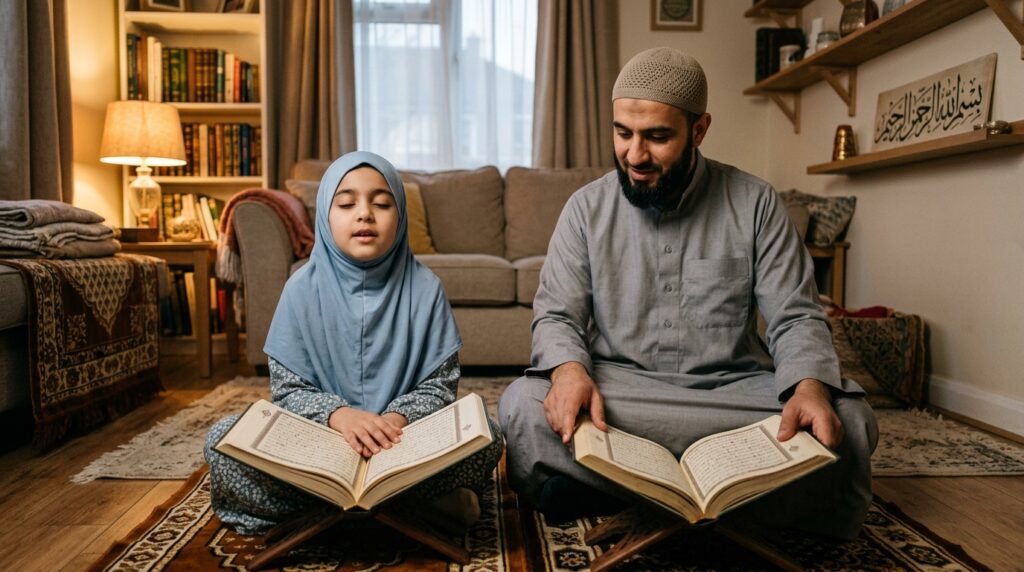A Muslim father listening to his child recite Quran from memory during home Hifz revision